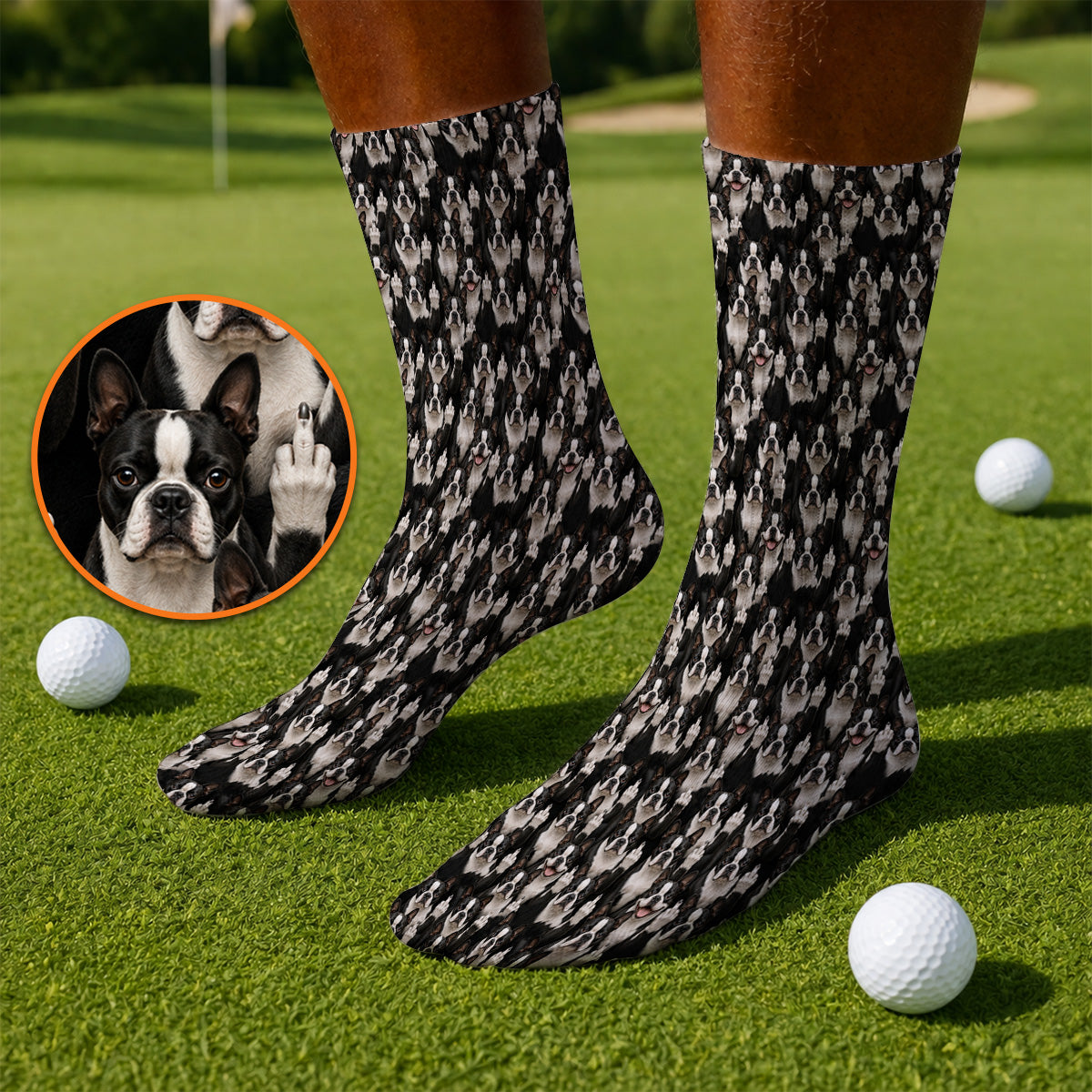 Boston Terrier Pattern Golf Socks, Funny Boston Terrier Golf Sock, Golf Gift For Golfer