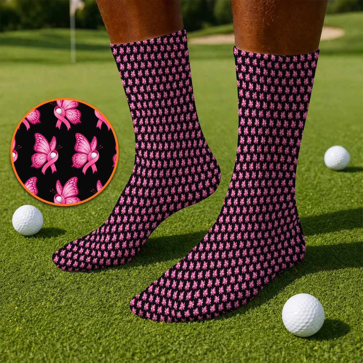 Breast Cancer Awareness Golf Socks, Pink Ribbon Butterfly Golf Sock for Golf Lovers, Support Cancer Awareness Golf Gift