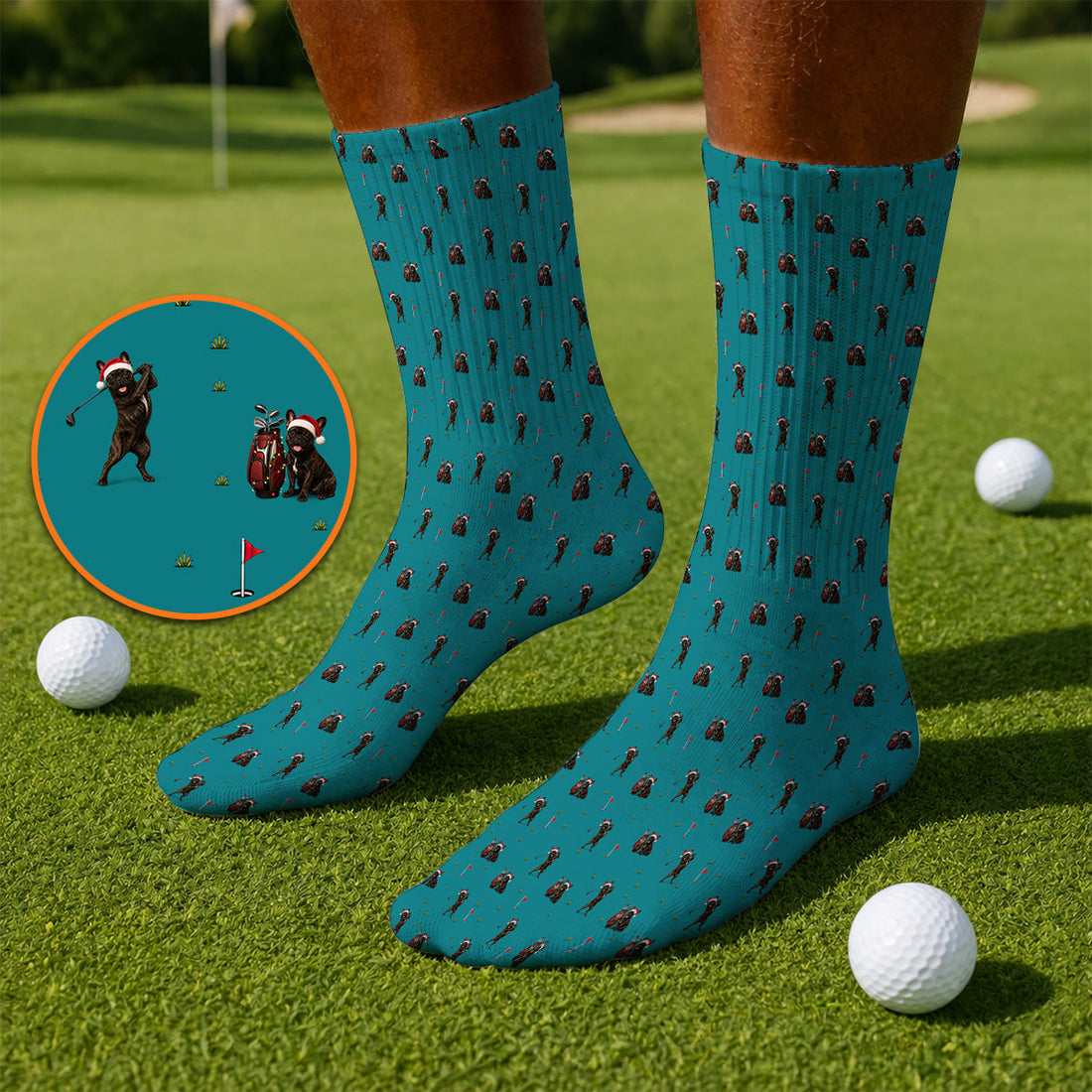 Christmas French BullDog Golfer Socks, Xmas French BullDog Golf Pattern Sock, Holiday Golf Gift for Golfers
