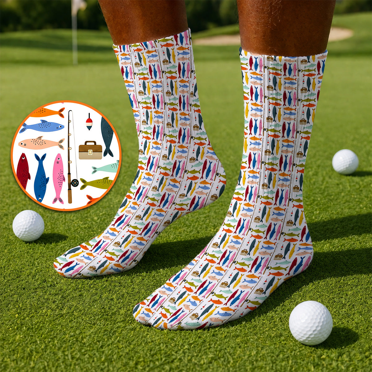 Colorful Fish Pattern Golf Socks, Fishing Rod Pattern Golf Sock, Crazy Golf Gift For Anglers and Fishermen