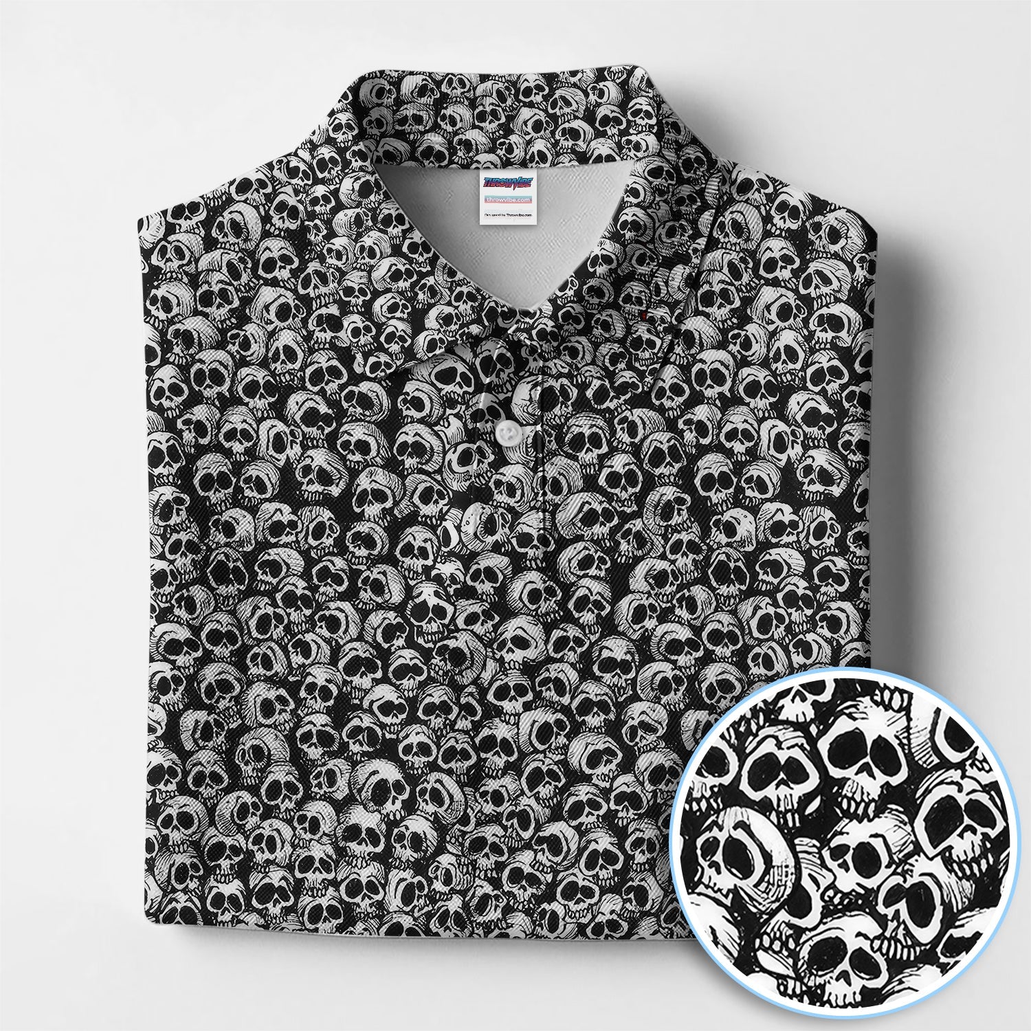 Gothic Skull Pattern Golf Shirt, Dark Skeleton Print Polo Shirt, Halloween Style Shirt