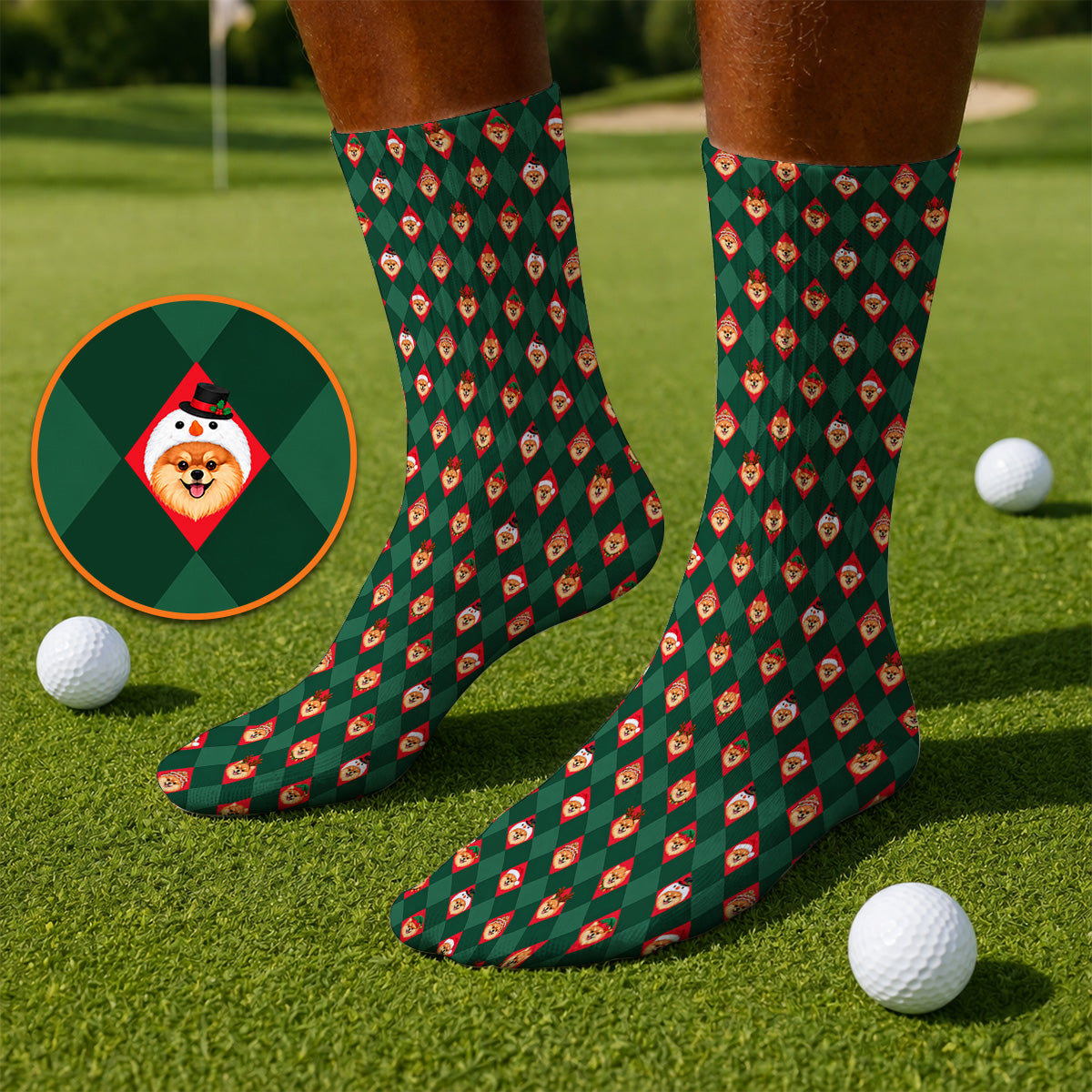 Christmas Pomeranian Golf Socks, Green Argyle & Santa Dog Pattern Golf Sock, Xmas Golf Gift For Golfer