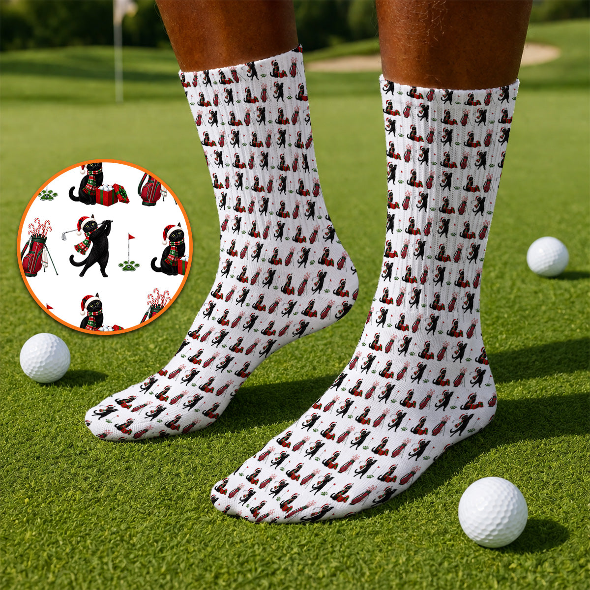 Black Cat Christmas Golf Socks, Festive Cat Patterm Golf Sock, Funny Holiday Golf Gift For Golfer