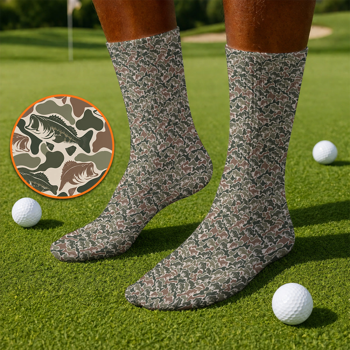 Bass Fishing Camo Pattern Golf Socks, Largemouth Bass Camouflage Golf Sock, Golf Gift For Golfers