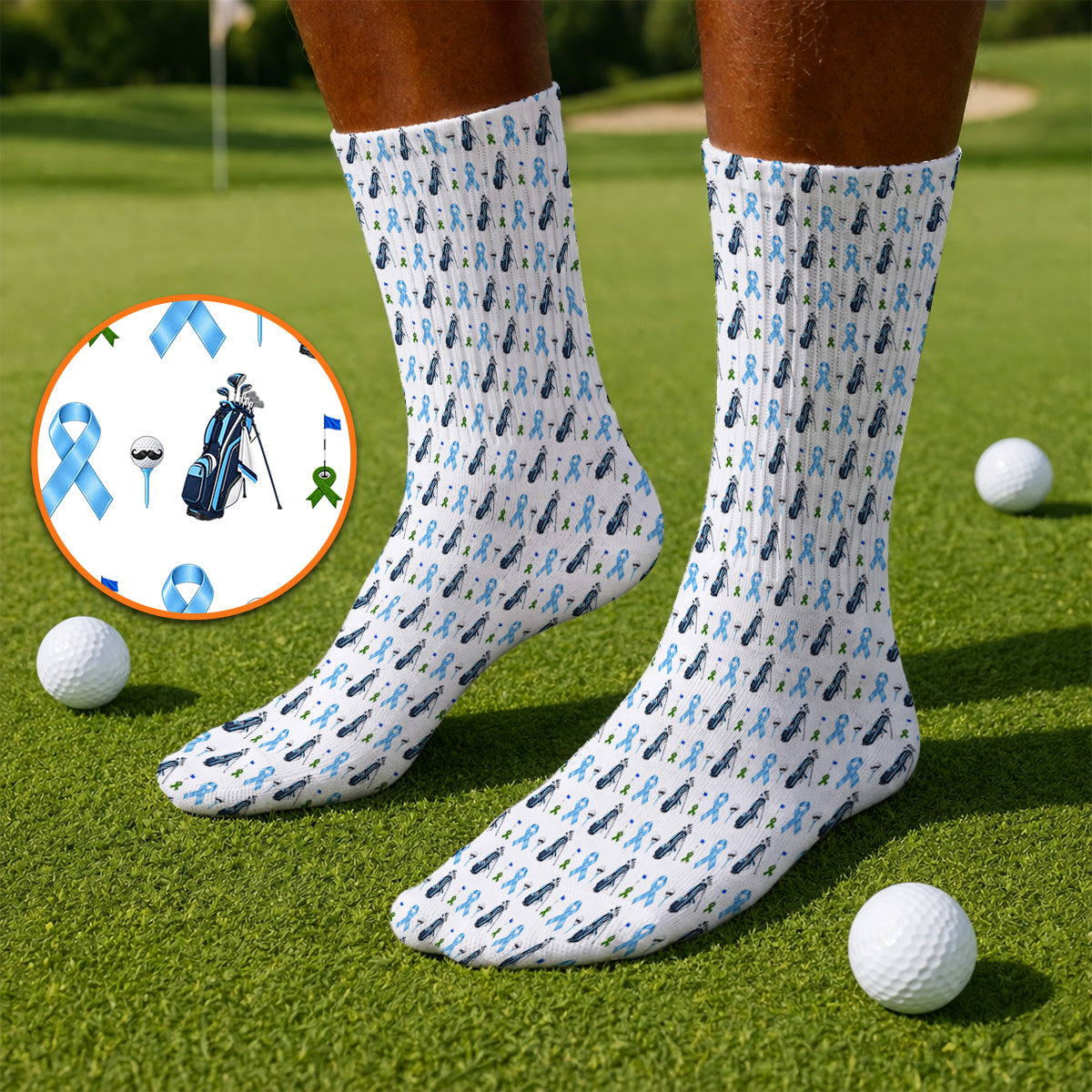 Prostate Cancer Awareness Golf Socks, Blue Ribbon Golf Pattern Sock, Prostate Cancer Support Gift for Golfers