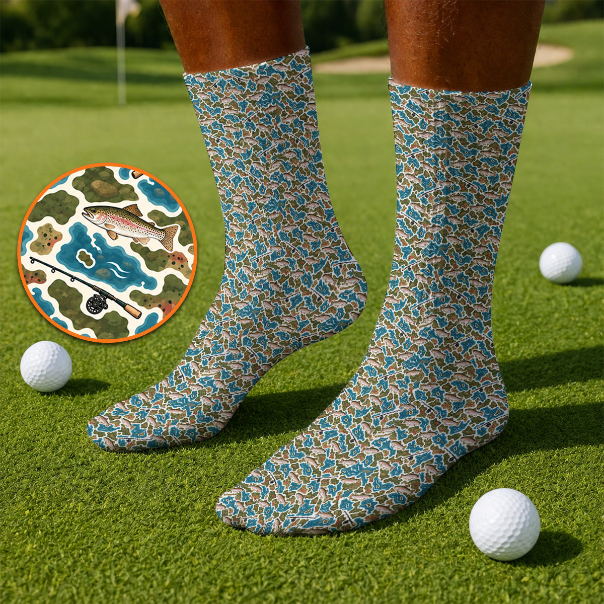 Rainbow Trout Fly Fishing Golf Socks, Crazy Camo Fish Pattern Golf Sock, Outdoor Golf Apparel Gift for Trout Fishing Lovers