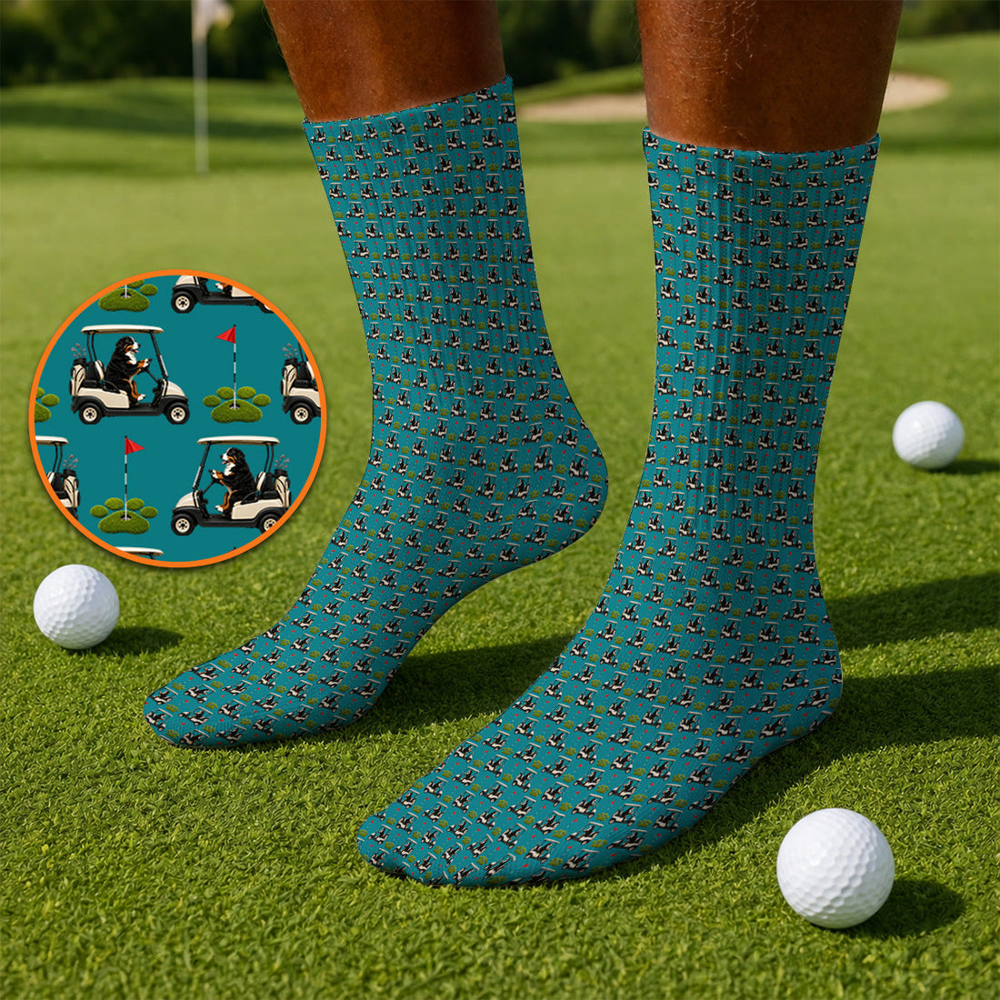 Bernese Mountain Golf Cart Pattern Socks, Funny Bernese Golf Sock, Golf Gift For Golfer