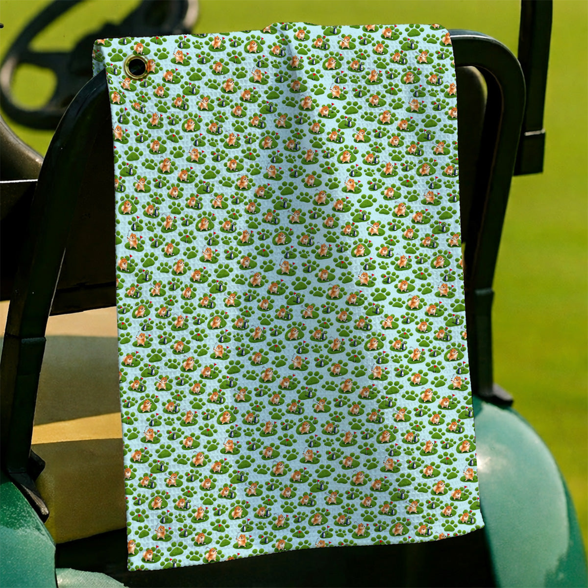 Pomeranian Paw Pattern Golf Towels, Cute Fluffy Pom Dog Pattern Golf Towel, Crazy Golf Gift For Golfers