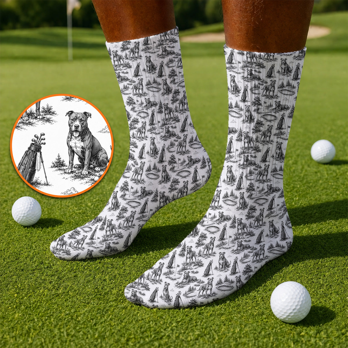 Crazy Pit Bull Golf Socks For Golfer, Toile de Jouy Pit Bull Pattern Golf Sock, Dog Lover Golf Gift