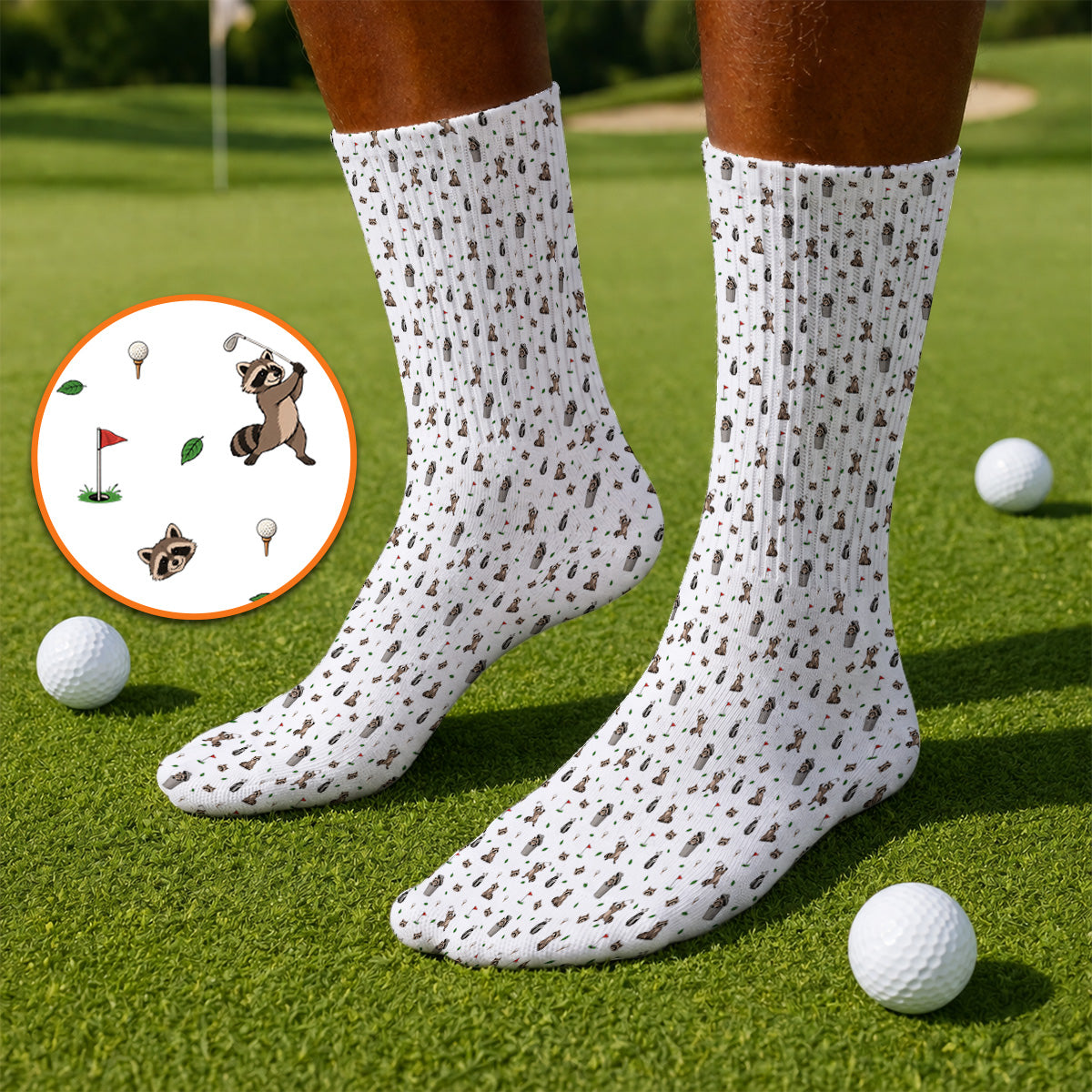 Raccoon Golf Socks, Playful Raccoon Golf Pattern Sock, Funny Animal Golf Footwear for Golfer
