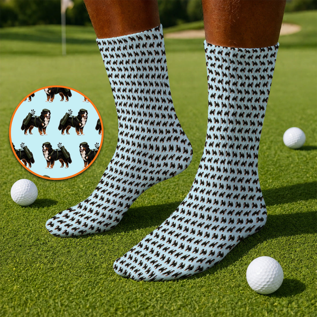 Funny Bernese Mountain Golf Pattern Socks, Bernese Golf Sock For Dog Lover, Golf Gift For Golfer