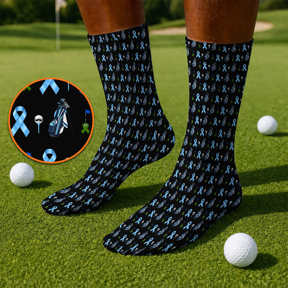 Prostate Cancer Awareness Golf Socks, Blue Ribbon Golf Pattern Sock, Prostate Cancer Support Gift for Golfers