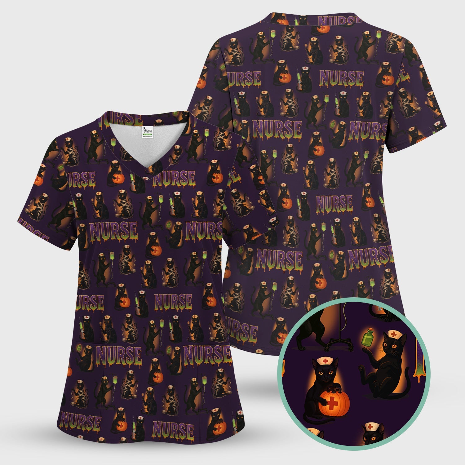 Halloween Nurse Shirt for Women - Black Cat with Pumpkin & IV Bag Design - Spooky Gift for RN LPN CNA
