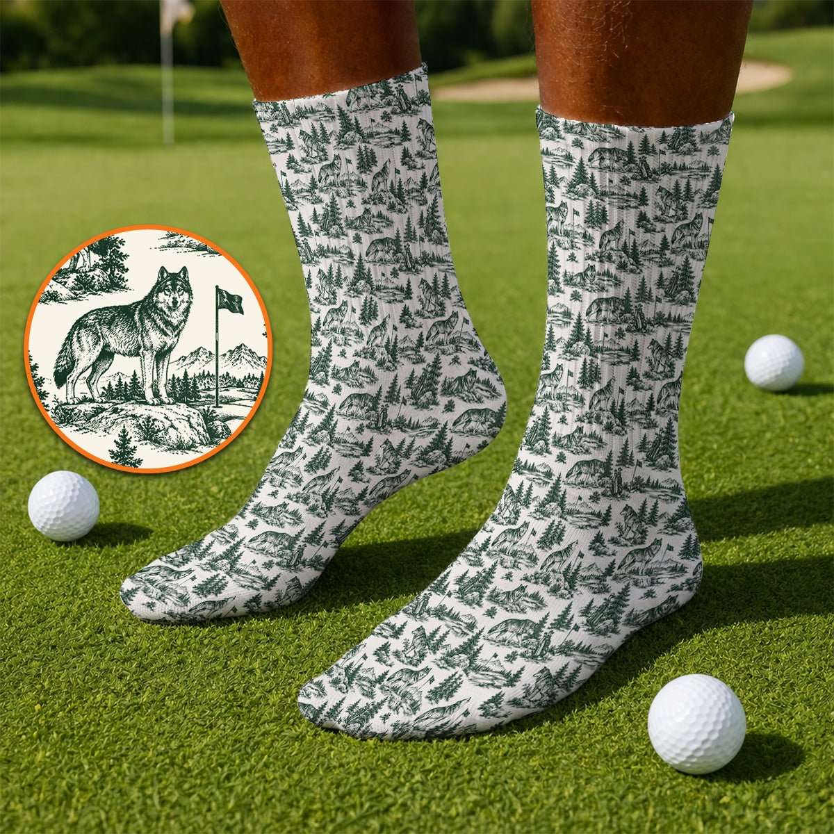Vintage Wolf Golf Socks, Wilderness Wolf Pattern Golf Sock, Nature Inspired Golf Gift for Golfers