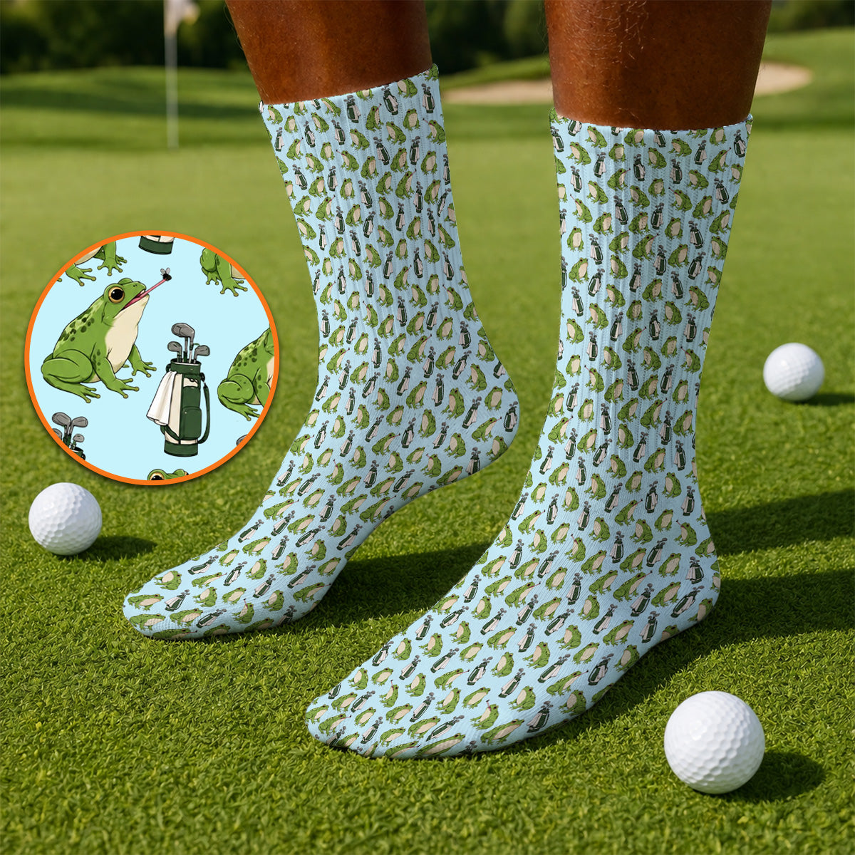 Cute Frog Golf Socks, Playful Frog & Golf Bag Pattern Sock, Funny Golf Gift For Frog Lovers