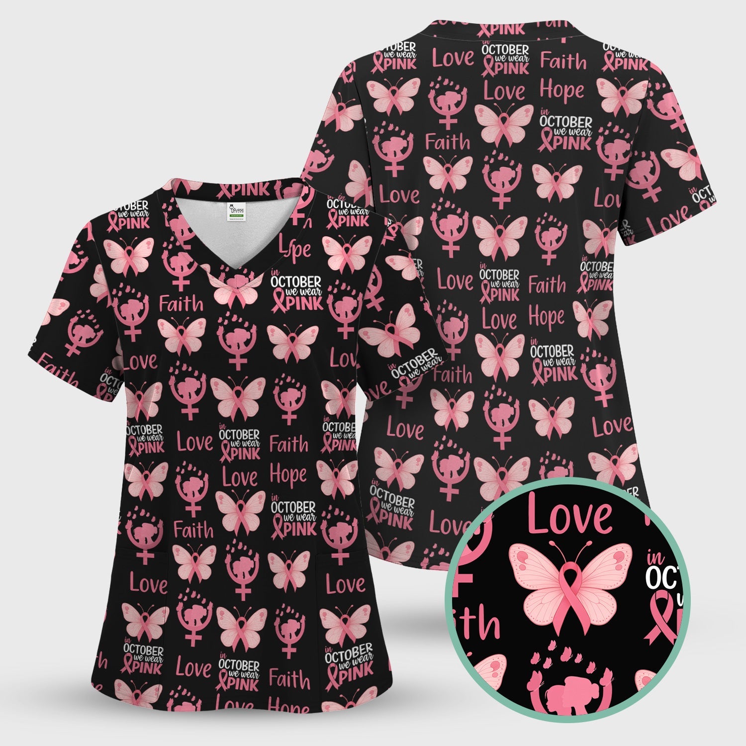 Breast Cancer Warrior Shirt - Faith Hope Love & Pink Ribbon Butterfly Design - October Gift for RN LPN CNA