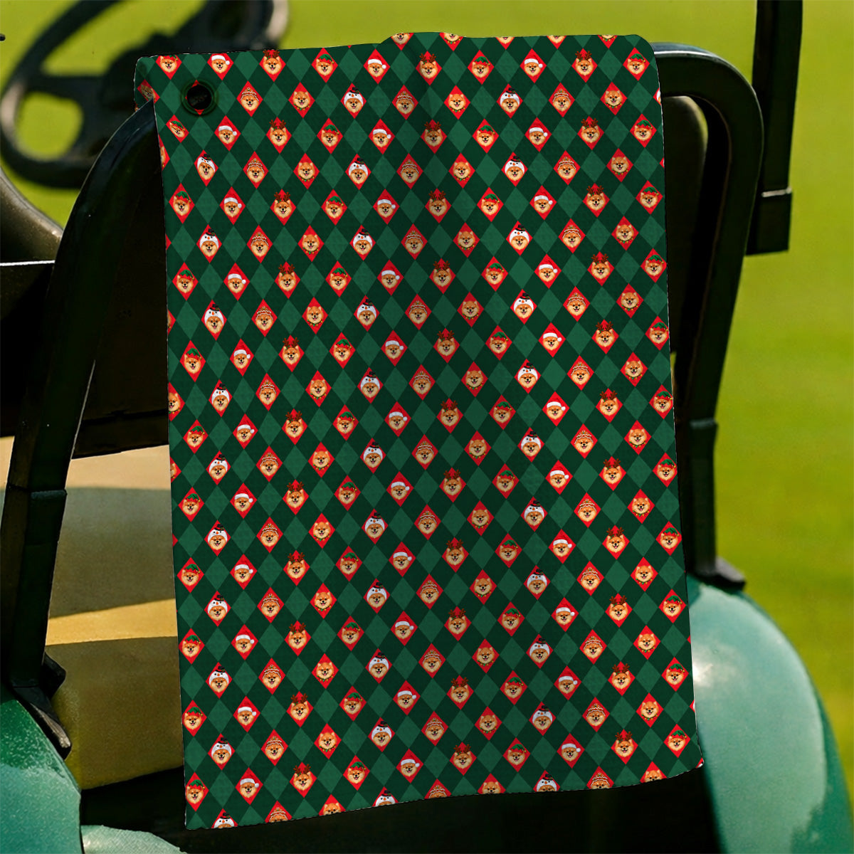 Christmas Pomeranian Golf Towels, Green Argyle & Santa Dog Pattern Golf Towel, Xmas Golf Gift For Golfer