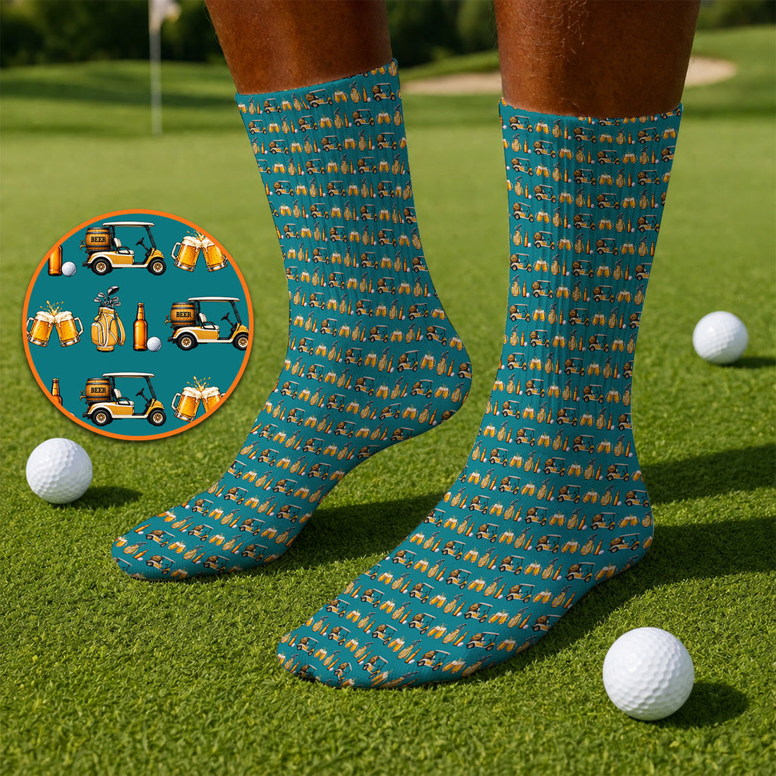 Golf & Beer Socks, Funny Beer Golf Cart Pattern Golf Sock, Beer Golf Gift For Golfers
