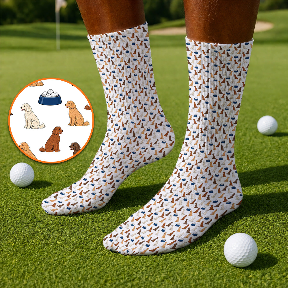 Funny Goldendoodle Pattern Golf Socks, Doodle Dog & Golf Ball Sock, Golf Gift for Golfers