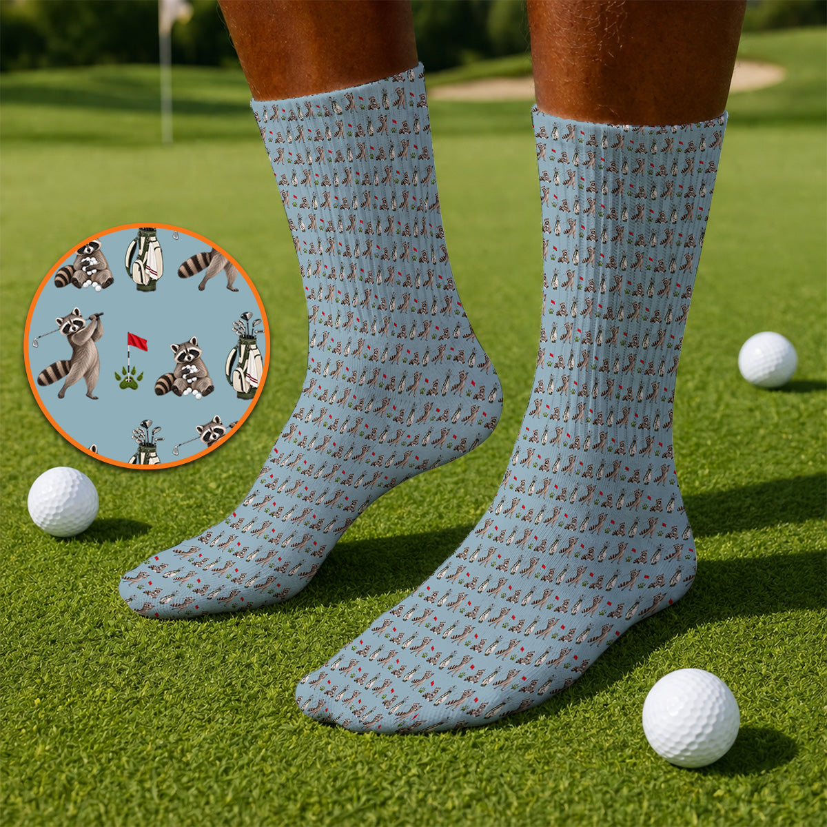 Raccoon Golf Pattern Socks, Funny Raccoon Golf Sock, Woodland Golf Gift For Golfers