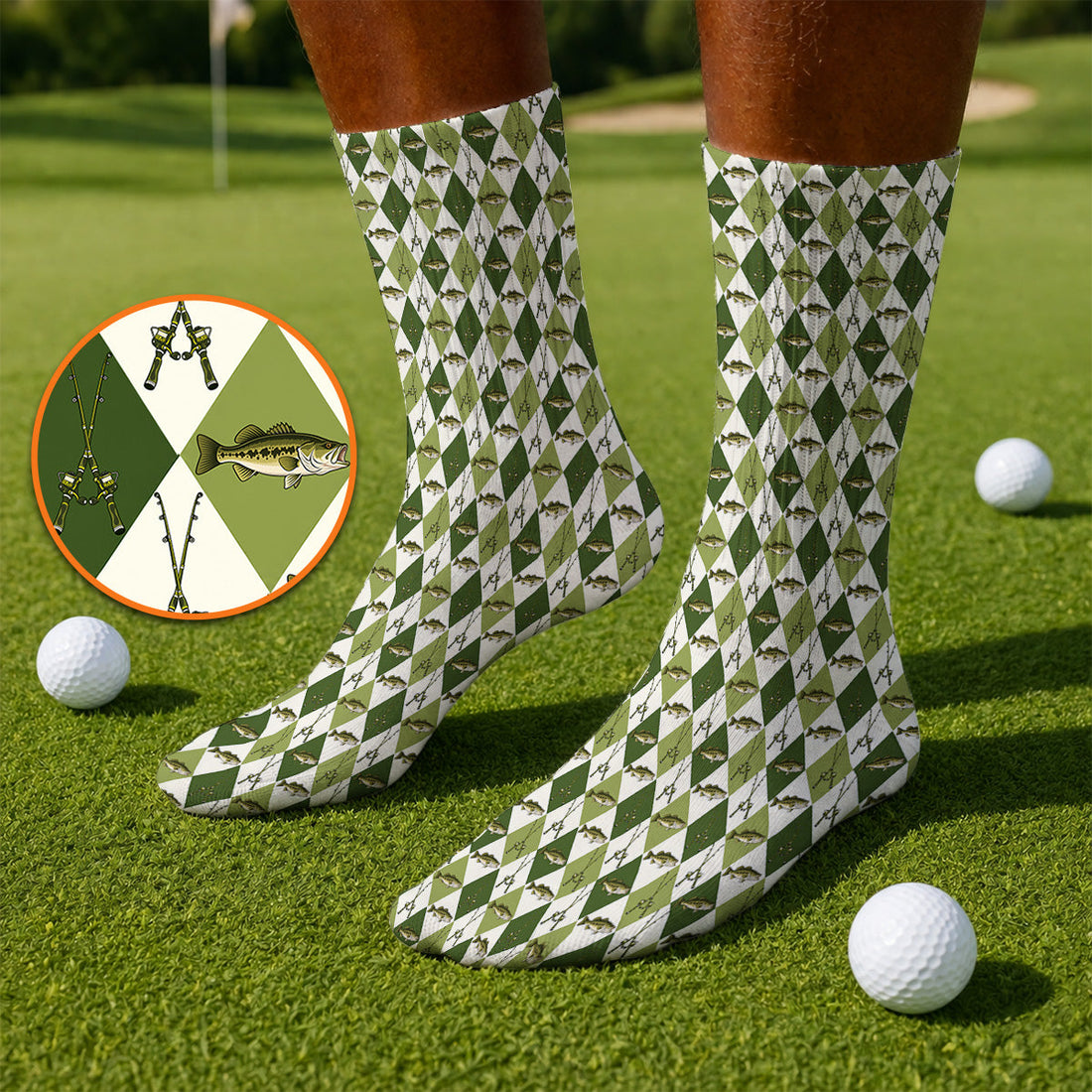 Bass Fishing Golf Socks, Fishing Bass & Rod Pattern Golf Sock, Crazy Golf Gift For Golfers