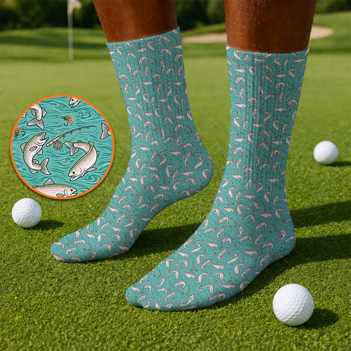 Crazy Rainbow Trout Pattern Golf Socks, Water Swirl Fish Golf Sock, Golf Gift For Trout Fishing Lovers