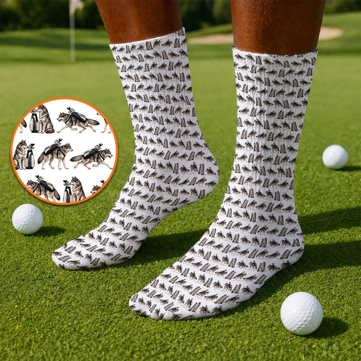 Wolf Golf Pattern Socks, Wild Wolf Golfing Sock, Unique Wolf Golf Gift for Golfers