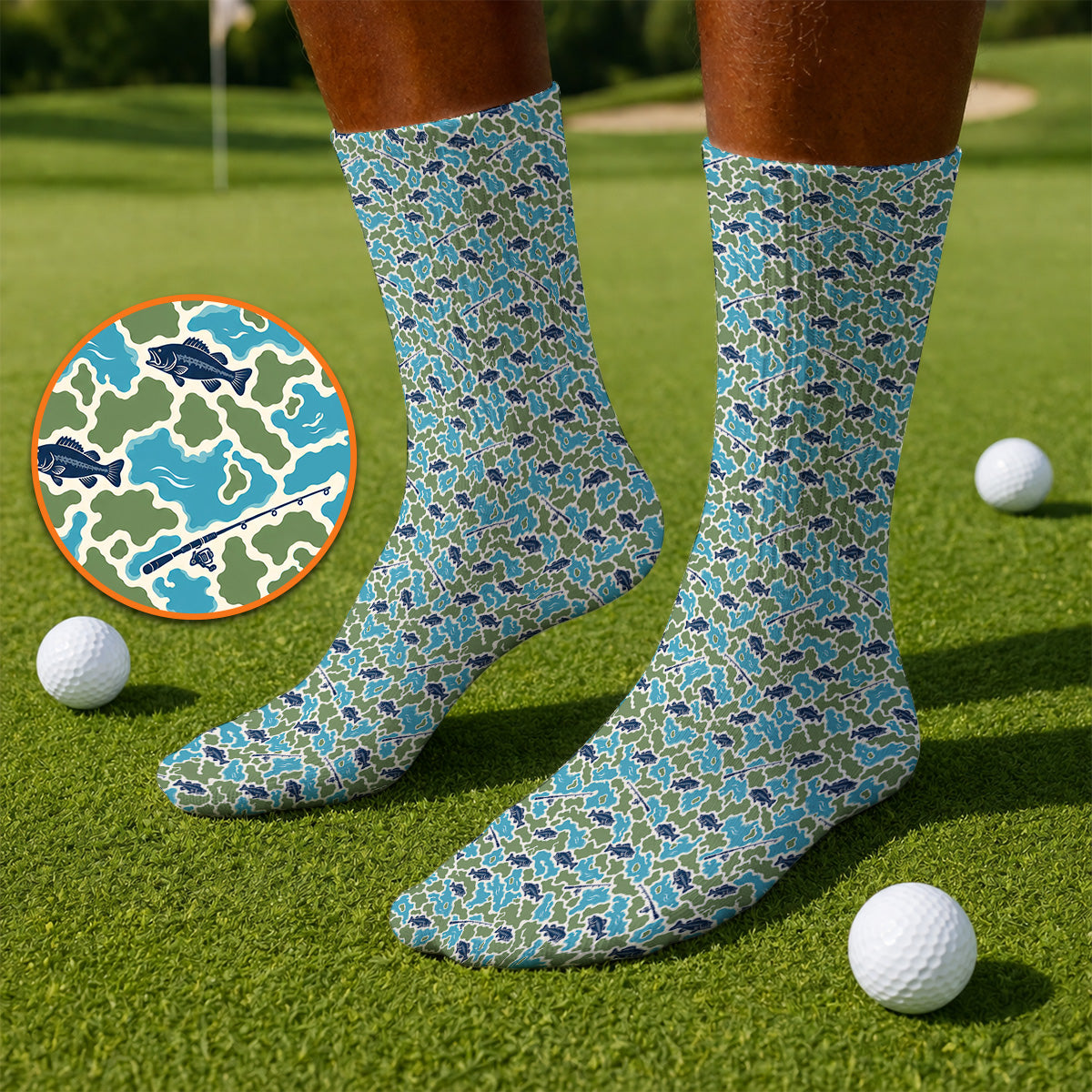 Bass Fishing Camo Golf Sock, Camouflage Pattern Golf Socks, Crazy Golf Gift For Golfer