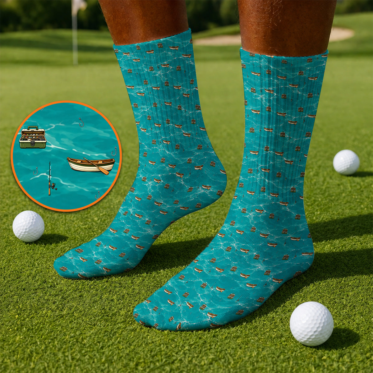 Fishing Pattern Golf Socks, Fishing Boat With Tackle Pattern Golf Sock, Unique Fishing Gift for Fishermen And Golfer