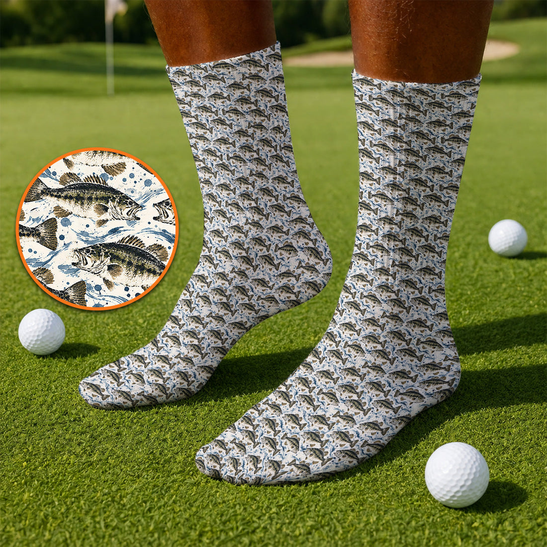 Gyotaku Bass Fishing Golf Socks, Vintage Japanese Fish Pattern Golf Sock, Golf Gift For Fishing Lovers