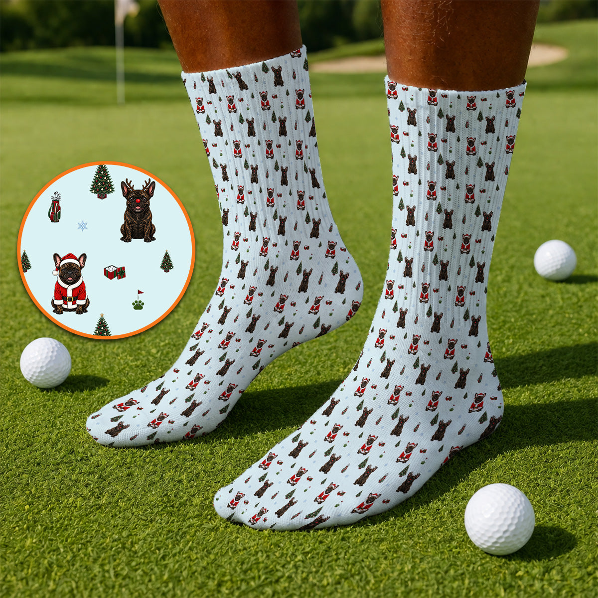 Reindeer French Bulldog Christmas Golf Socks, Festive Dog Holiday Pattern Golf Sock, Xmas Golf Gift for Golfers