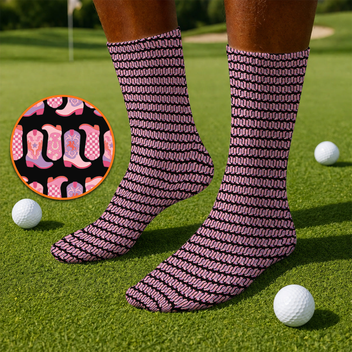 Pink Cowgirl Golf Socks, Western Cowboy Boots Pattern Golf Sock, Crazy Golf Gift For Golfers