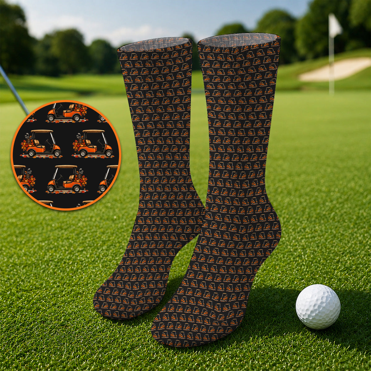 Fall Pattern Golf Socks, Autumn Golf Cart Sock, Funny Golf Gift For Golfer