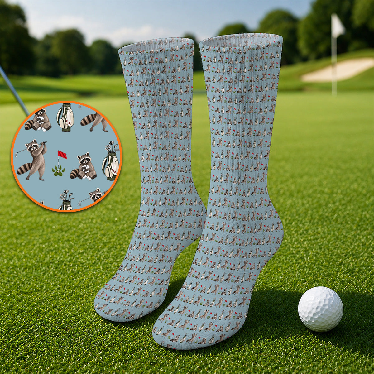 Raccoon Golf Pattern Socks, Funny Raccoon Golf Sock, Woodland Golf Gift For Golfers