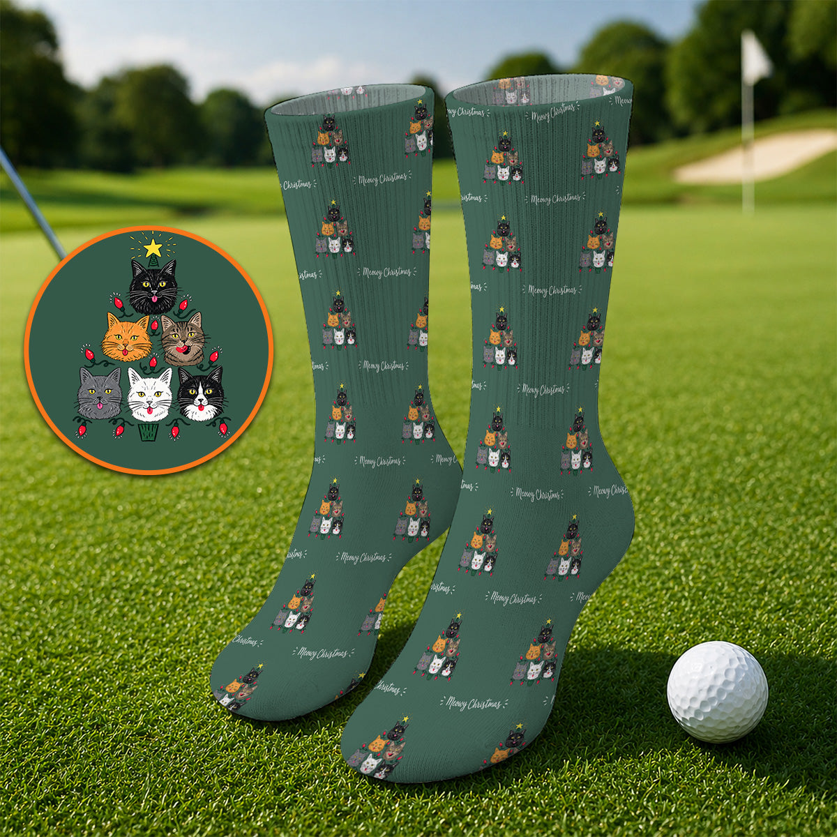 Meowy Christmas Cat Golf Socks, Festive Cat Christmas Pattern Golf Sock, Xmas Golf Gift For Cat Lovers