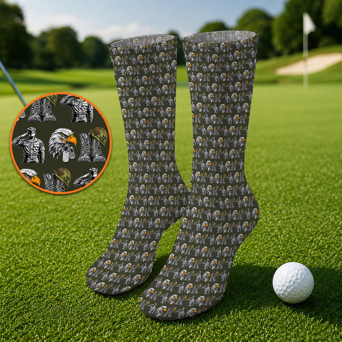 Veteran Eagle Golf Socks, Military Soldier & Army Tribute Pattern Golf Sock, Patriotic Veterans Day Golf Gift for Golfer