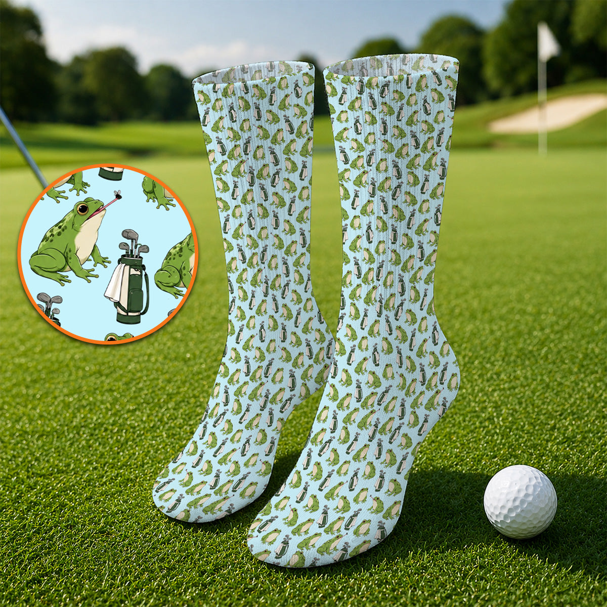 Cute Frog Golf Socks, Playful Frog & Golf Bag Pattern Sock, Funny Golf Gift For Frog Lovers