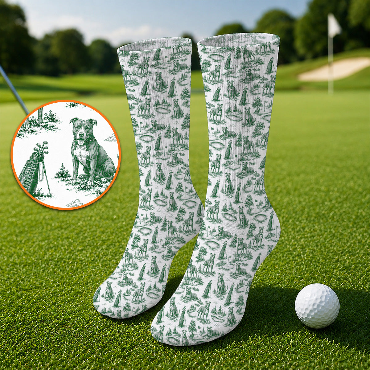 Crazy Pit Bull Golf Socks For Golfer, Toile de Jouy Pit Bull Pattern Golf Sock, Dog Lover Golf Gift