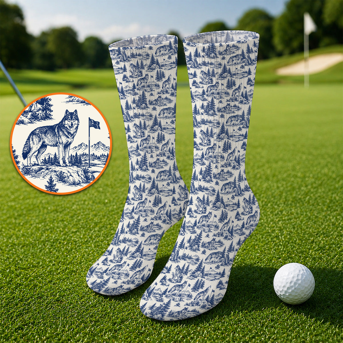 Vintage Wolf Golf Socks, Wilderness Wolf Pattern Golf Sock, Nature Inspired Golf Gift for Golfers