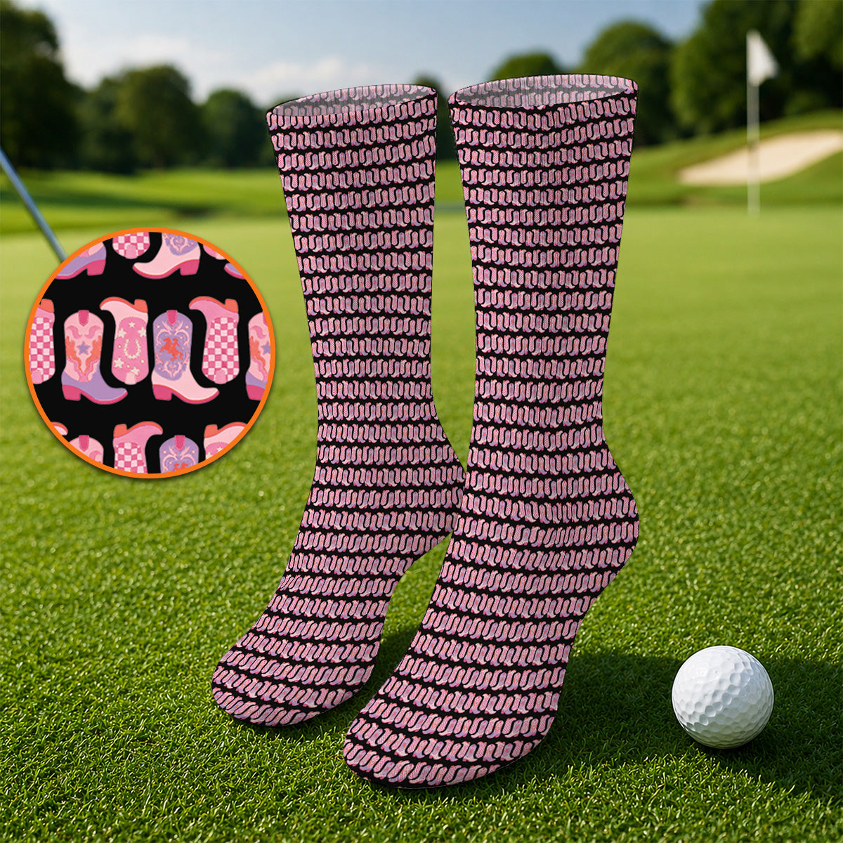 Pink Cowgirl Golf Socks, Western Cowboy Boots Pattern Golf Sock, Crazy Golf Gift For Golfers
