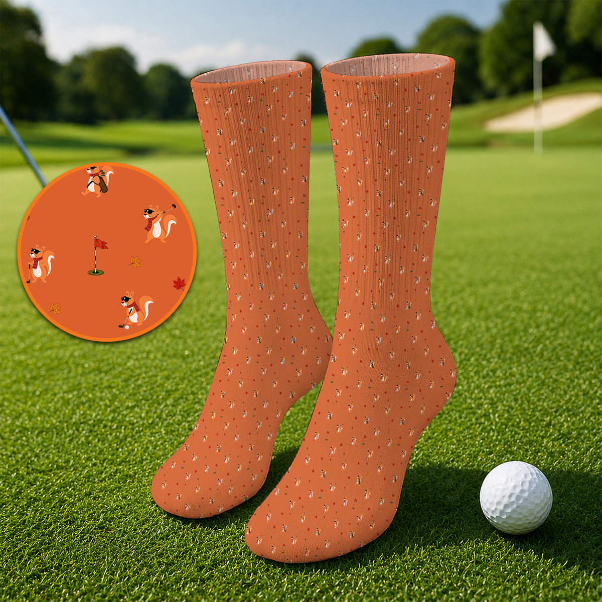 Fall Pattern Golf Socks, Autumn Squirrel Golf Sock, Crazy Golf Gift For Golfer