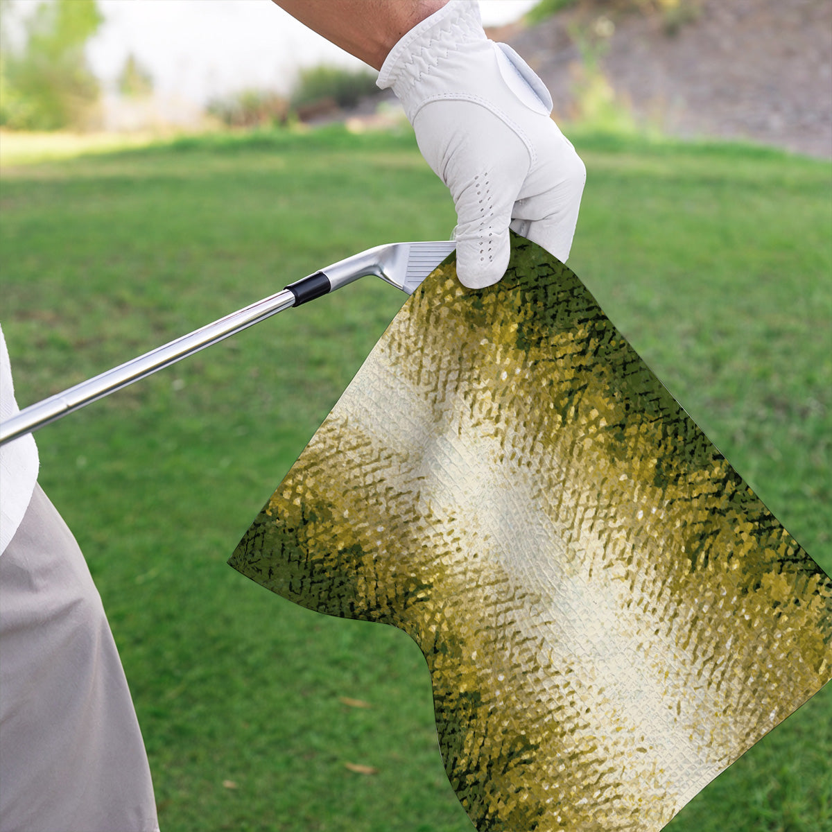 Bass Fishing Pattern Golf Towels, Golden Green Bass Fish Scale Golf Towel, Golf Gift For Fishers