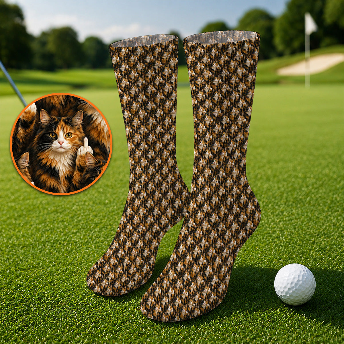 Calico Longhair Cat Golf Socks, Funny Calico Cat Pattern Golf Sock, Golfer Gift for Cat Lovers