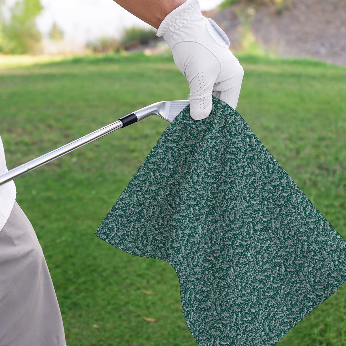 Vintage Bass Fishing Golf Towels, Forest Green Fish & Water Pattern Towel, Golf Apparel Gift for Fishing Lovers