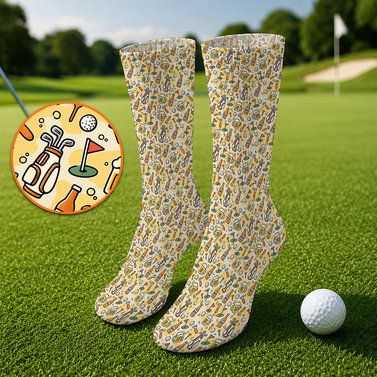 Funny Beer Pattern Golf Socks, Retro Golf Clubs And Beer Golf Sock, Unique Golfing Gift For Golfers