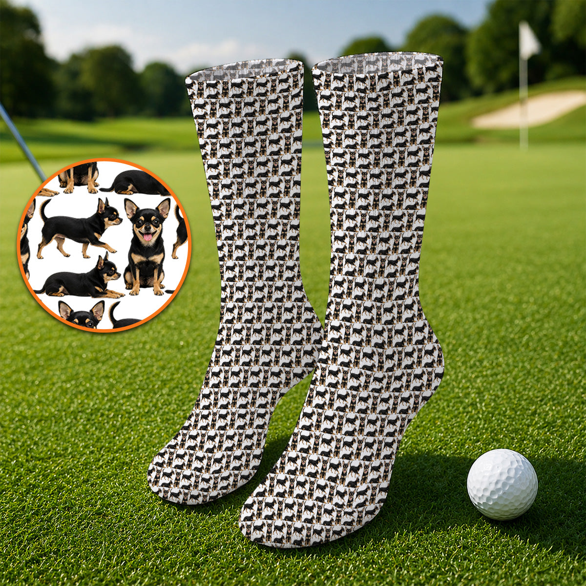 Funny Black Chihuahua Golf Sock, Cute Chihuahua Golf Pattern Socks, Dog Lovers Golf Gift For Golfer