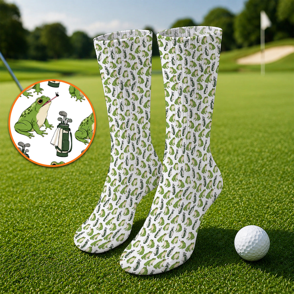 Cute Frog Golf Socks, Playful Frog & Golf Bag Pattern Sock, Funny Golf Gift For Frog Lovers