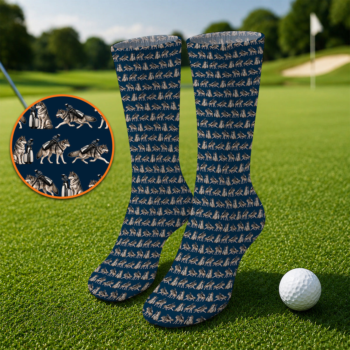 Wolf Golf Pattern Socks, Wild Wolf Golfing Sock, Unique Wolf Golf Gift for Golfers