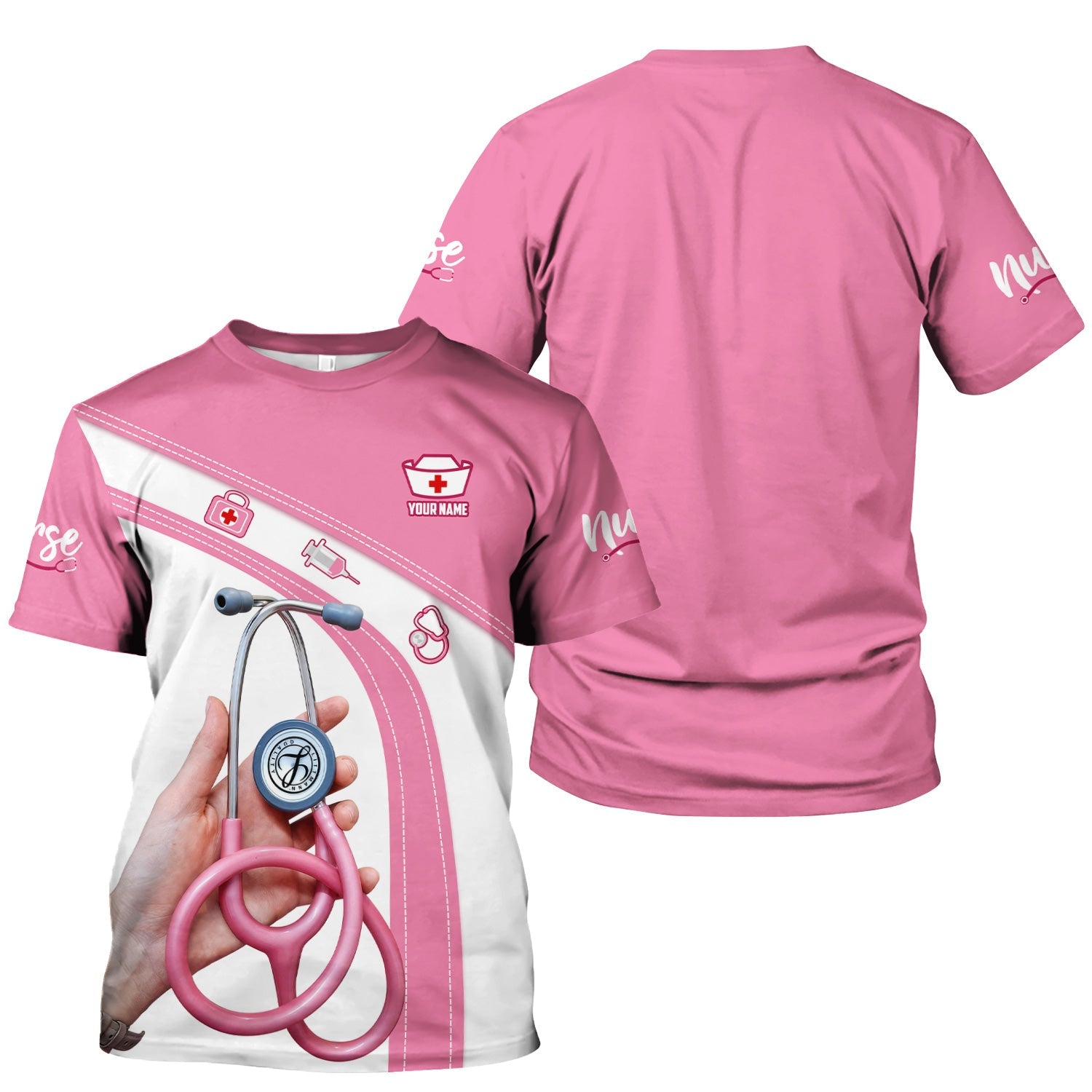 Personalized Nurse Shirt for Women - Pink Stethoscope Gift for RN CNA LPN - Custom Name Medical Uniform Tee