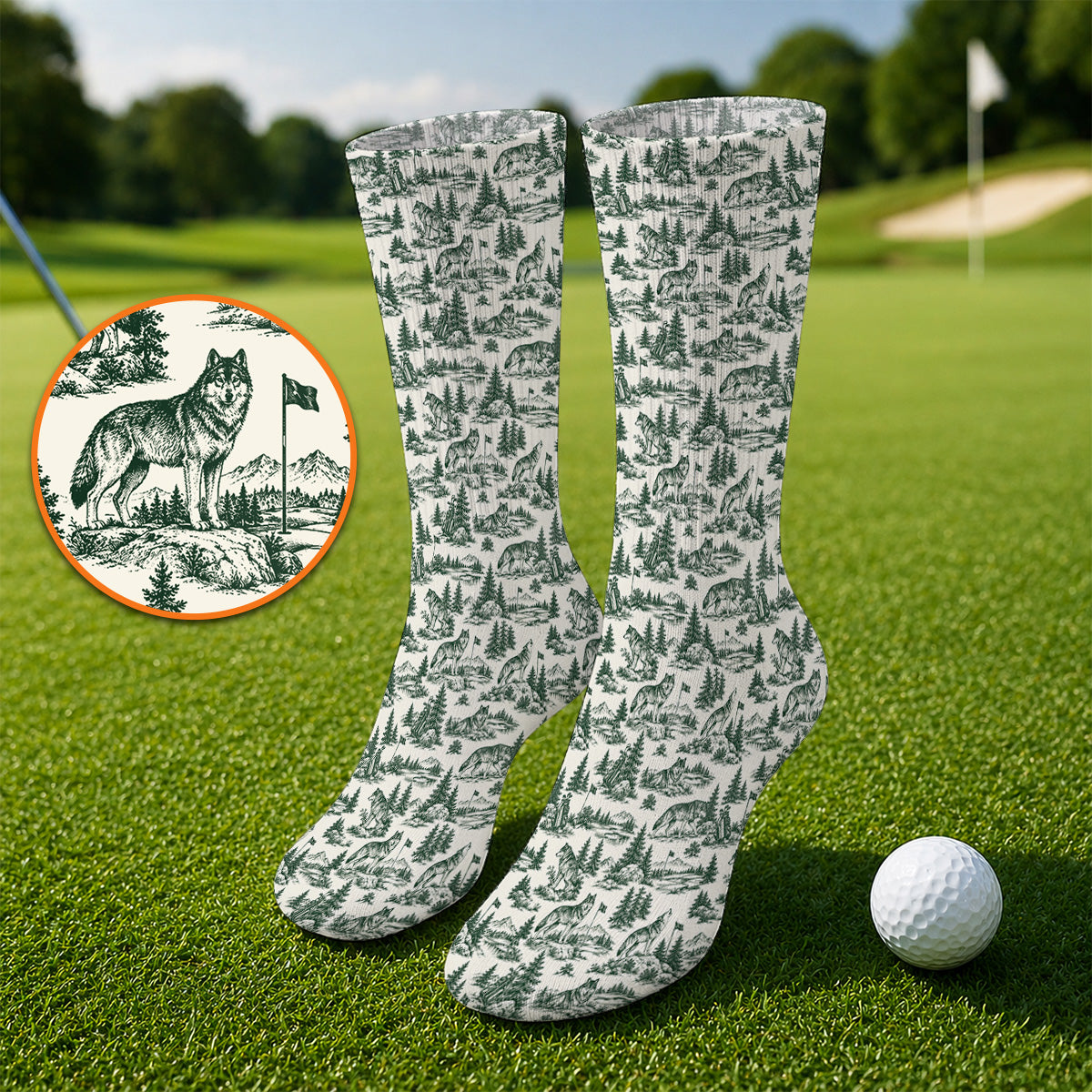 Vintage Wolf Golf Socks, Wilderness Wolf Pattern Golf Sock, Nature Inspired Golf Gift for Golfers